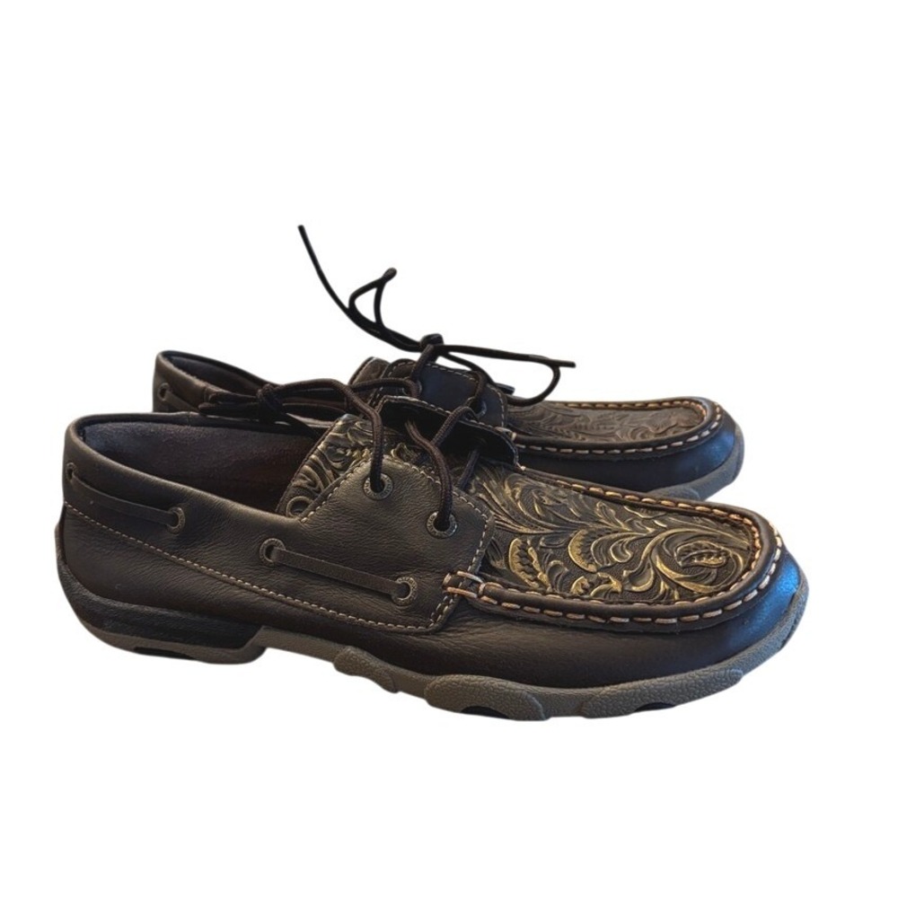 Twisted X Size 9 Womens Tooled Leather Boat Shoes Brown Floral Driving Mocs NWOB